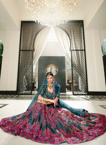 Thread Embroidered Teal Blue Silk Lehenga Choli For Wedding